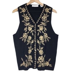 CHAUS Vest Silk Sweater Knit Embroidered Floral Dark Academia Petite Size Medium